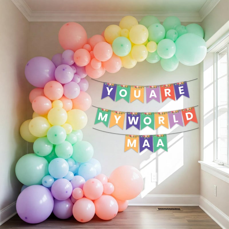 1iAM Happy Mother's Day Decorations Items Combo Pack of 82 - Multicolor "YOU ARE MY WORLD MAA" Printed Paper Banner, 80pcs Balloon & Arch For Party Supplies For Amma, Mumma, Mom, Maa, Mother in Law - Image 1