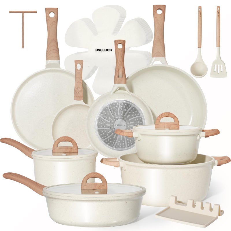 USELUCK Pots and Pans Set Non Stick Non-Toxic 22 Pcs Ceramic Cookware Sets Nonstick Kitchen Pot&Pan With Lid Cream White Granite Induction Compatible with Glass Lids Crepe Frying Pan PFOA/PFOS-Free - Image 1