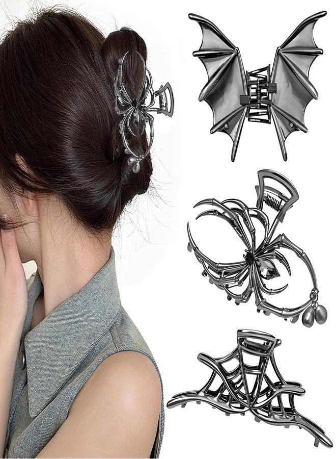 ماي كرييت مجموعة MAYCREATE® من 3 مشابك شعر قوطية للنساء والفتيات، مشبك معدني بتصميم شبكة العنكبوت، مشبك على شكل جناح خفاش، مشبك على شكل عنكبوت، إكسسوارات شعر عصرية للهالوين - Image 1