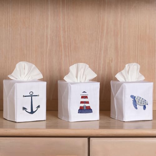 Jacaranda Living Square Tissue Box Cover, Linen/Cotton Fabric Tissue Holder, Decorative Cloth Tissue Cube Cover, Coastal Designs Standing Anchor (Navy) - Image 3