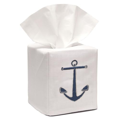 Jacaranda Living Square Tissue Box Cover, Linen/Cotton Fabric Tissue Holder, Decorative Cloth Tissue Cube Cover, Coastal Designs Standing Anchor (Navy) - Image 1