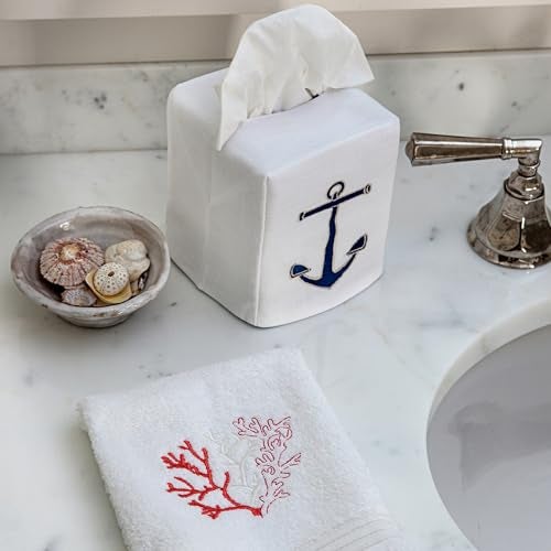 Jacaranda Living Square Tissue Box Cover, Linen/Cotton Fabric Tissue Holder, Decorative Cloth Tissue Cube Cover, Coastal Designs Standing Anchor (Navy) - Image 2