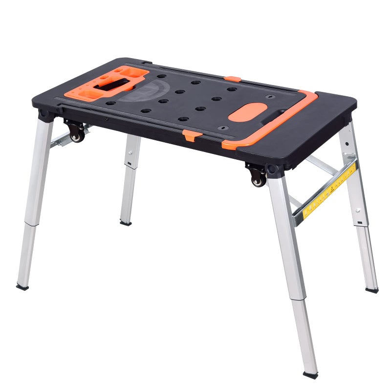 LEADALLWAY LEADALLWAY 7in1 Folding Portable Workbench Painted Work Table as Workbench ScaffoldPlatformSawhorseCar Creeper and Hand Truck with 4 Wheels Black