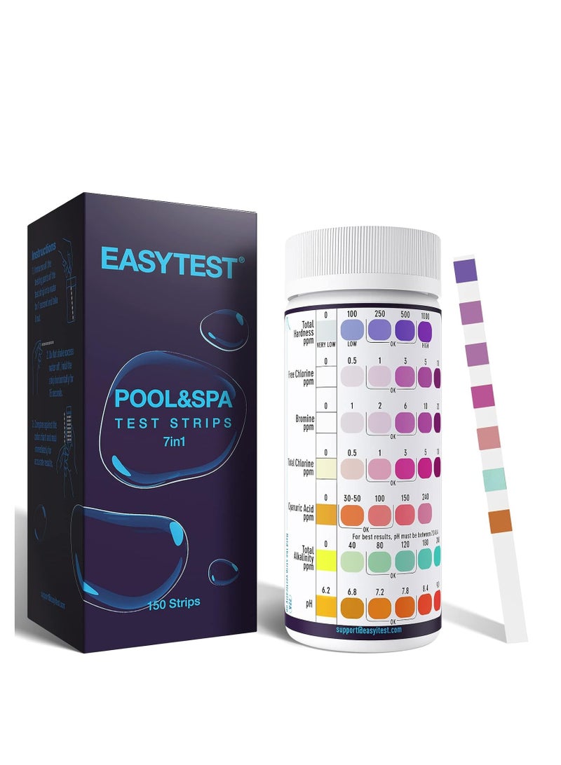 EASYTEST EASYTEST 7-Way Pool Test Strips, 150 Strips Water Chemical Testing for Hot tub and Spa, Accurate Test Bromine, Total Alkalinity, pH, Free Chlorine, Total Hardness, Cyanuric Acid, and Total Chlorine  - Image 1