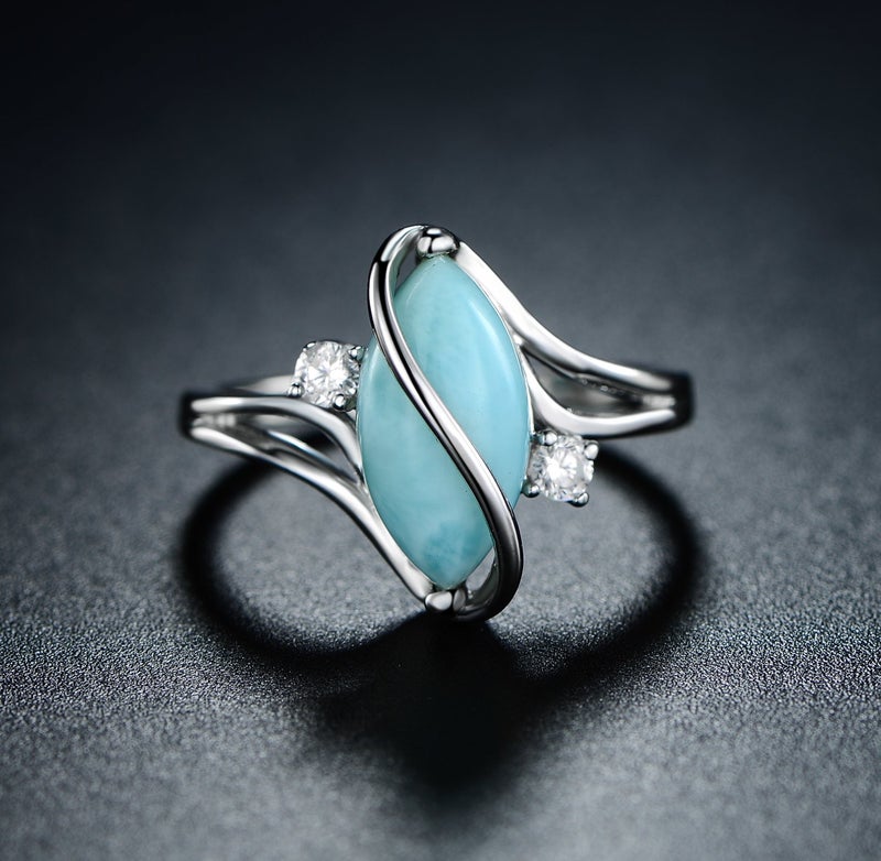 Barzel White Gold Plated Oval Created Larimar Ring With Cubic Zirconia Accents (White Gold Larimar, 5) - Image 2