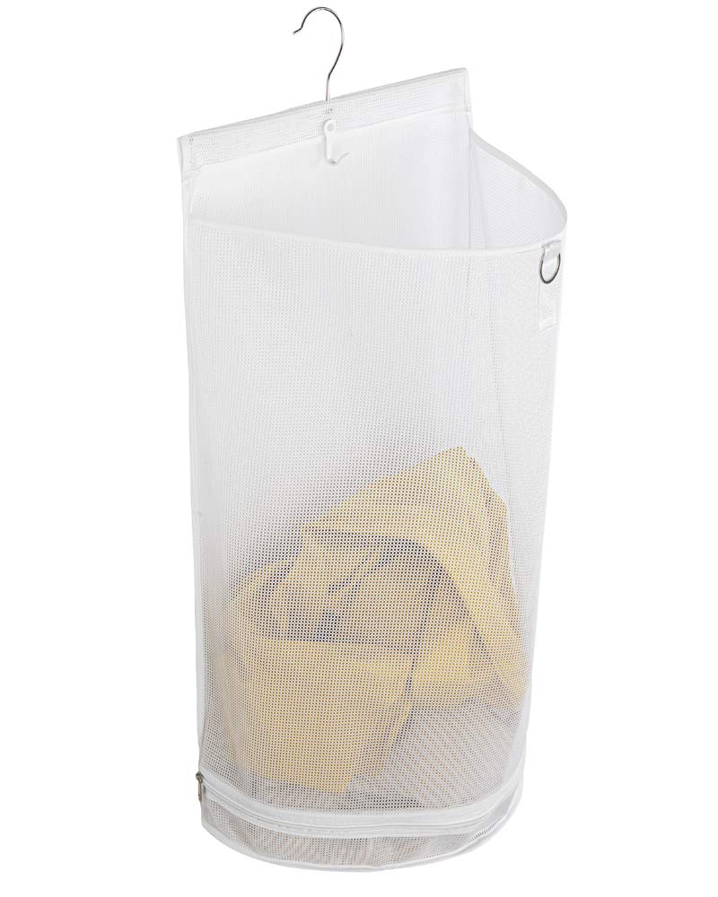 ALYER Hanging Semi Round Storage Mesh BagCollapsible Laundry Hamper Basket with Durable Hanger White