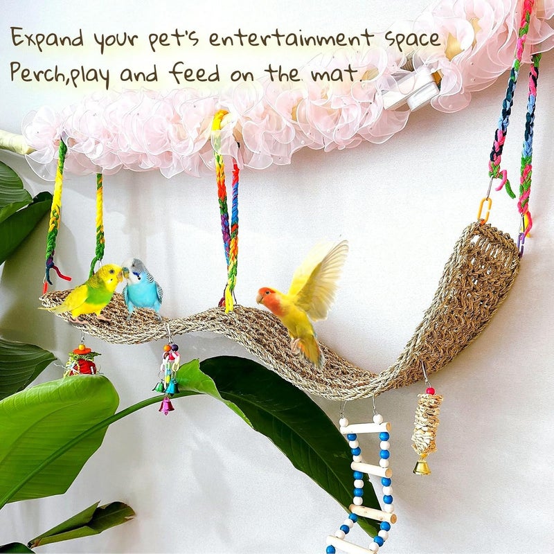 Hamiledyi Bird Seagrass Mat 39.4×7" Natural Grass Woven Net Hammock Hanging on Parrot Cage with Hooks Parakeet Climbing Rope Ladder Chew Toys for Lovebird Cockatiel Conure Budgie Cockatoo Supplies - Image 3