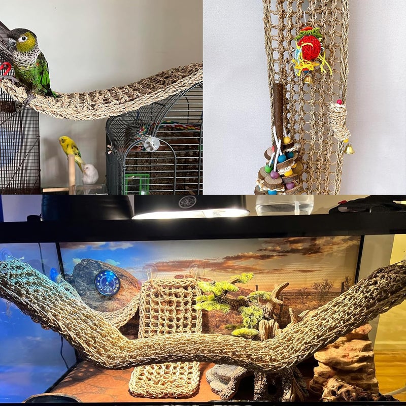 Hamiledyi Bird Seagrass Mat 39.4×7" Natural Grass Woven Net Hammock Hanging on Parrot Cage with Hooks Parakeet Climbing Rope Ladder Chew Toys for Lovebird Cockatiel Conure Budgie Cockatoo Supplies - Image 4