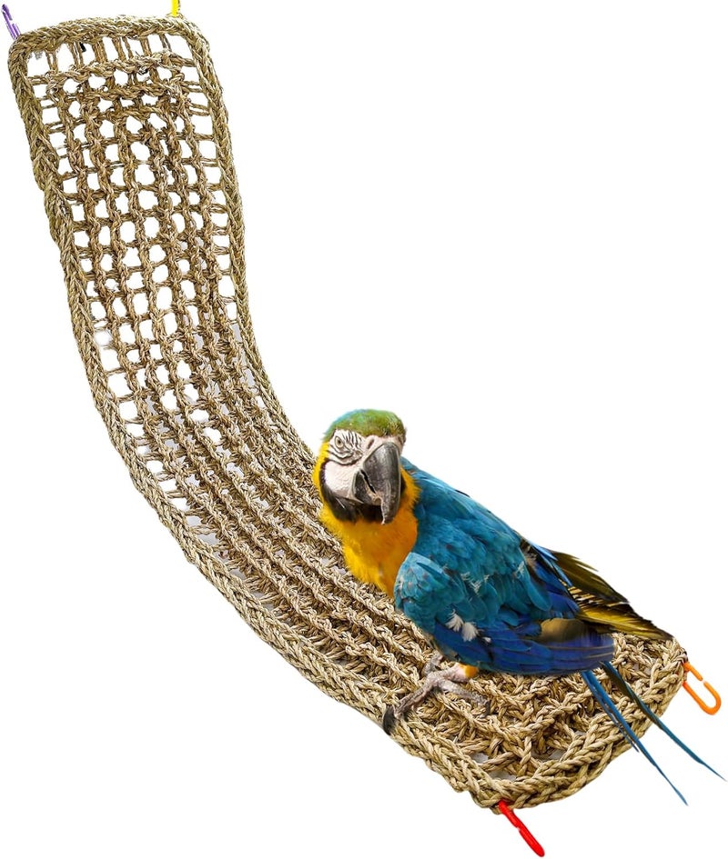 Hamiledyi Bird Seagrass Mat 39.4×7" Natural Grass Woven Net Hammock Hanging on Parrot Cage with Hooks Parakeet Climbing Rope Ladder Chew Toys for Lovebird Cockatiel Conure Budgie Cockatoo Supplies - Image 1