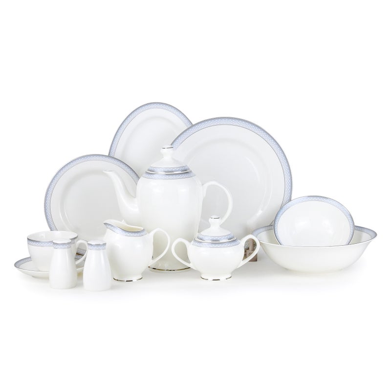 Shallow ZIYA 47Pc Bone China Dinnerware Set, White with Light Blue Rim | Dinner Set with Plates, Bowls, Cups,Teapot for Everyday Dining, Family Meals & Hosting, Perfect for 8 People - Image 1