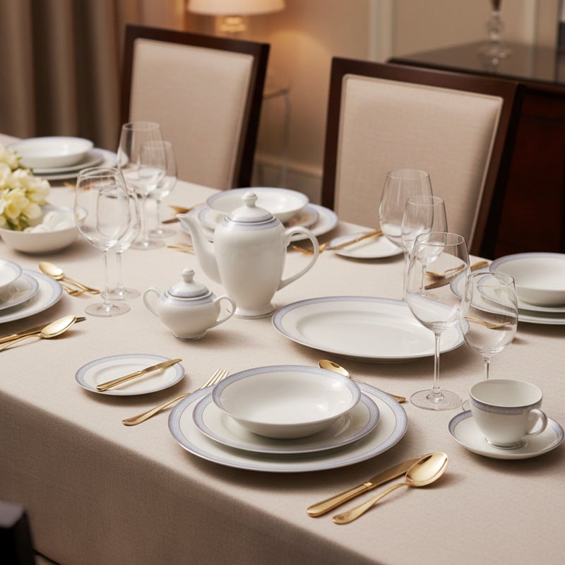 Shallow ZIYA 47Pc Bone China Dinnerware Set, White with Light Blue Rim | Dinner Set with Plates, Bowls, Cups,Teapot for Everyday Dining, Family Meals & Hosting, Perfect for 8 People - Image 2