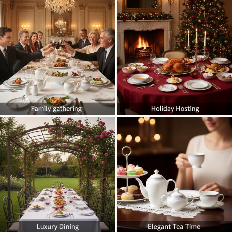 Shallow ZIYA 47Pc Bone China Dinnerware Set, White with Light Blue Rim | Dinner Set with Plates, Bowls, Cups,Teapot for Everyday Dining, Family Meals & Hosting, Perfect for 8 People - Image 5