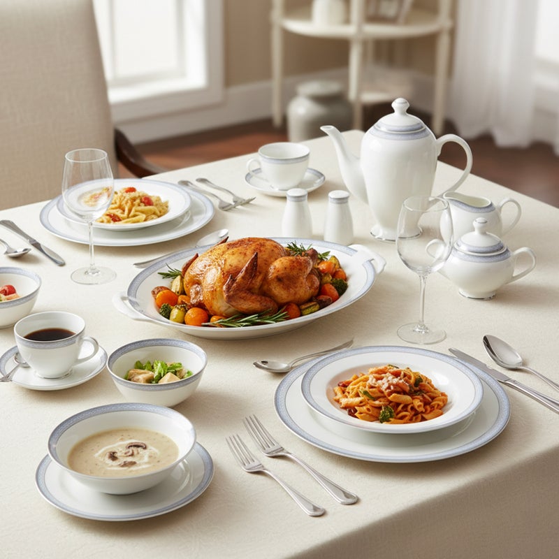 Shallow ZIYA 47Pc Bone China Dinnerware Set, White with Light Blue Rim | Dinner Set with Plates, Bowls, Cups,Teapot for Everyday Dining, Family Meals & Hosting, Perfect for 8 People - Image 4