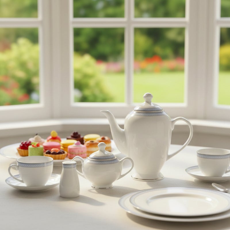 Shallow ZIYA 47Pc Bone China Dinnerware Set, White with Light Blue Rim | Dinner Set with Plates, Bowls, Cups,Teapot for Everyday Dining, Family Meals & Hosting, Perfect for 8 People - Image 3