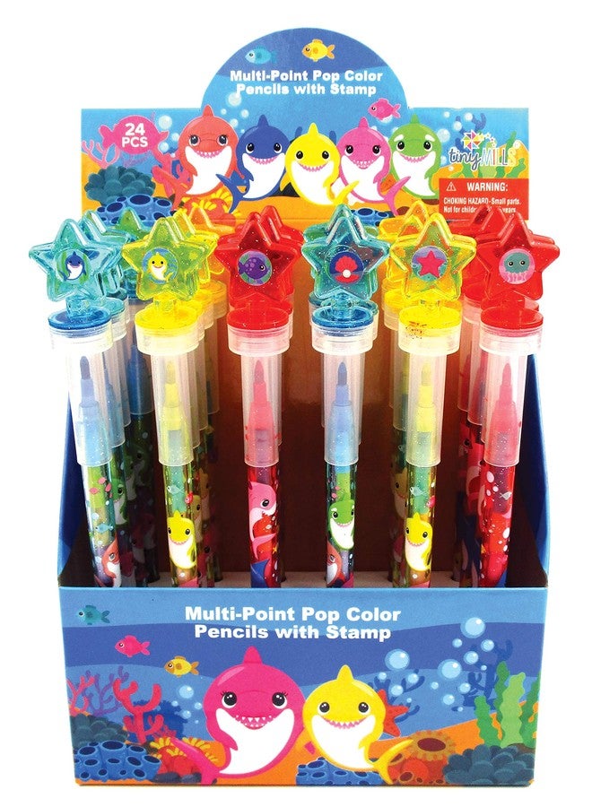 TINYMILLS 24 Pcs Shark Family 2 in 1 Stackable Stacking Crayon with Extra Stamper Topper, Kids Party Favors, Goodie Bag Stuffers, Classroom Rewards, Prizes - Image 1