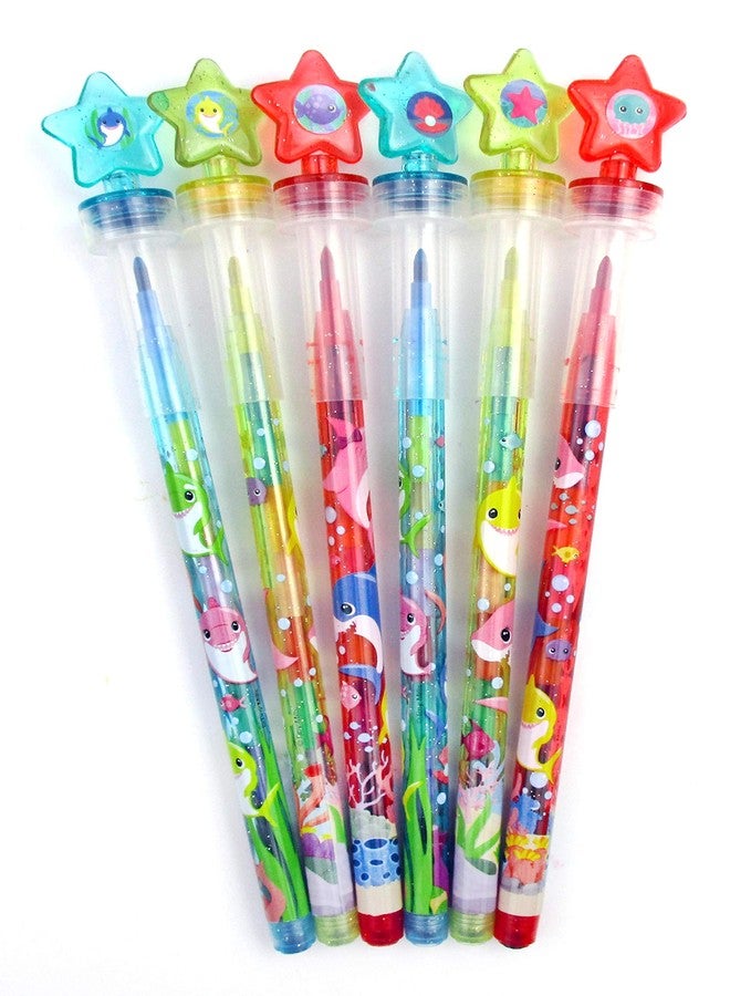 TINYMILLS 24 Pcs Shark Family 2 in 1 Stackable Stacking Crayon with Extra Stamper Topper, Kids Party Favors, Goodie Bag Stuffers, Classroom Rewards, Prizes - Image 2