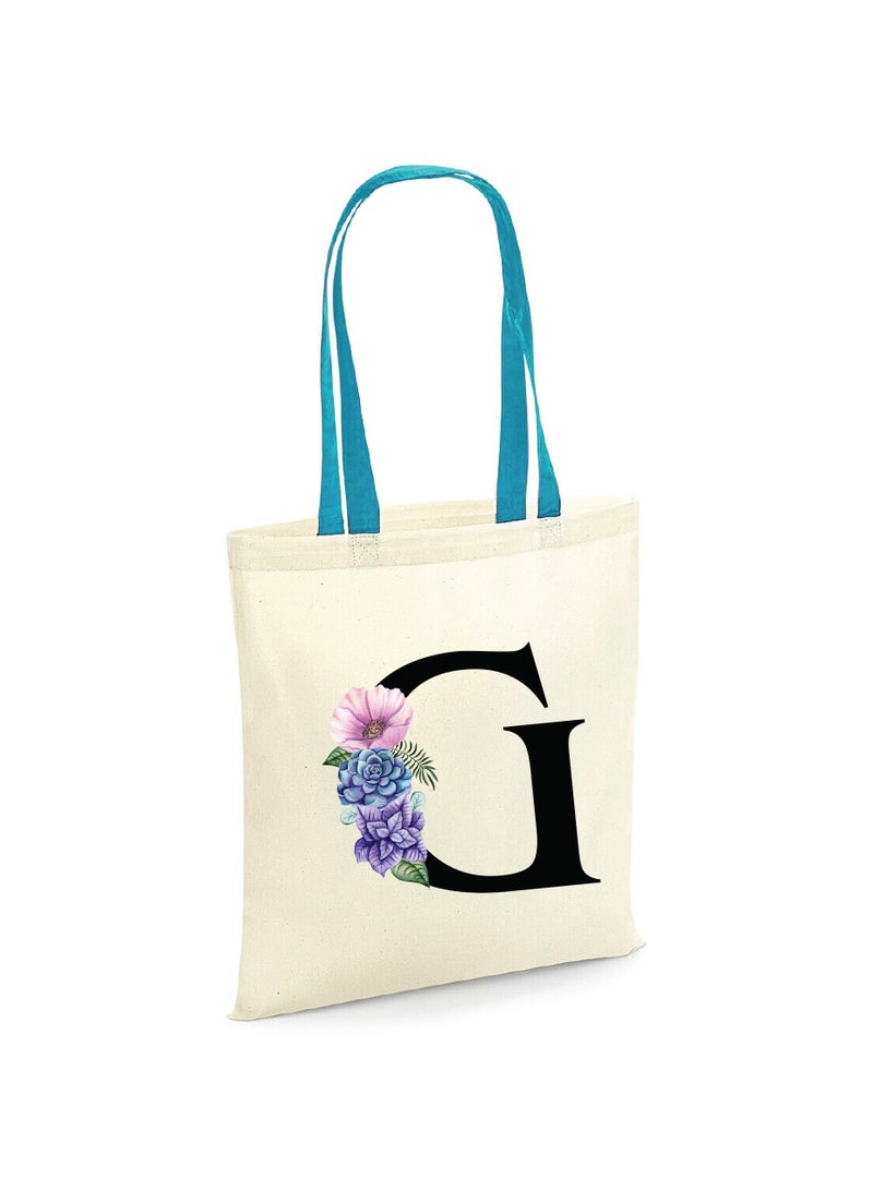 برينت شوب فور مي حقيبة حمل قطنية من القماش بأحرف أولية بمقبض أزرق-هدايا مثالية لوصيفات العروس-حقيبة الحفلات-حقائب قابلة لإعادة الاستخدام - Image 1
