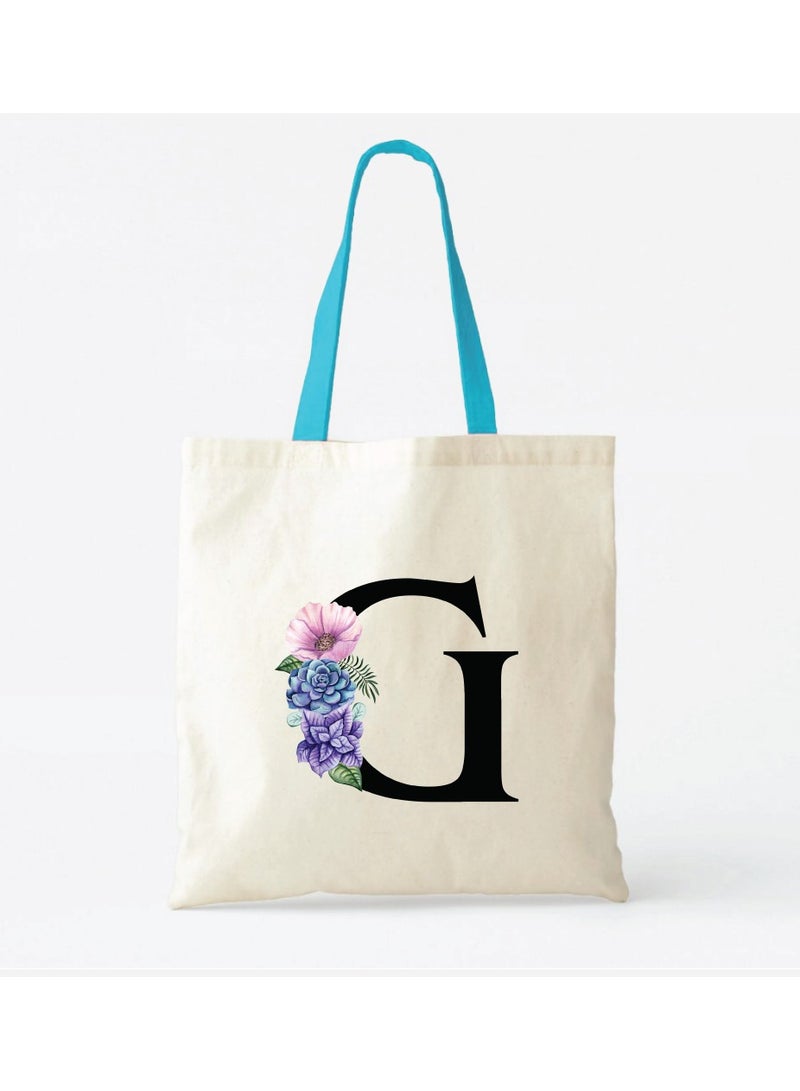 برينت شوب فور مي حقيبة حمل قطنية من القماش بأحرف أولية بمقبض أزرق-هدايا مثالية لوصيفات العروس-حقيبة الحفلات-حقائب قابلة لإعادة الاستخدام - Image 2