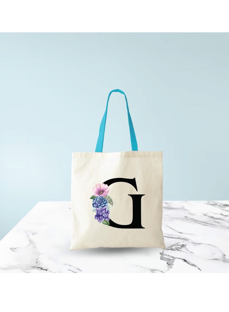برينت شوب فور مي حقيبة حمل قطنية من القماش بأحرف أولية بمقبض أزرق-هدايا مثالية لوصيفات العروس-حقيبة الحفلات-حقائب قابلة لإعادة الاستخدام - Image 5