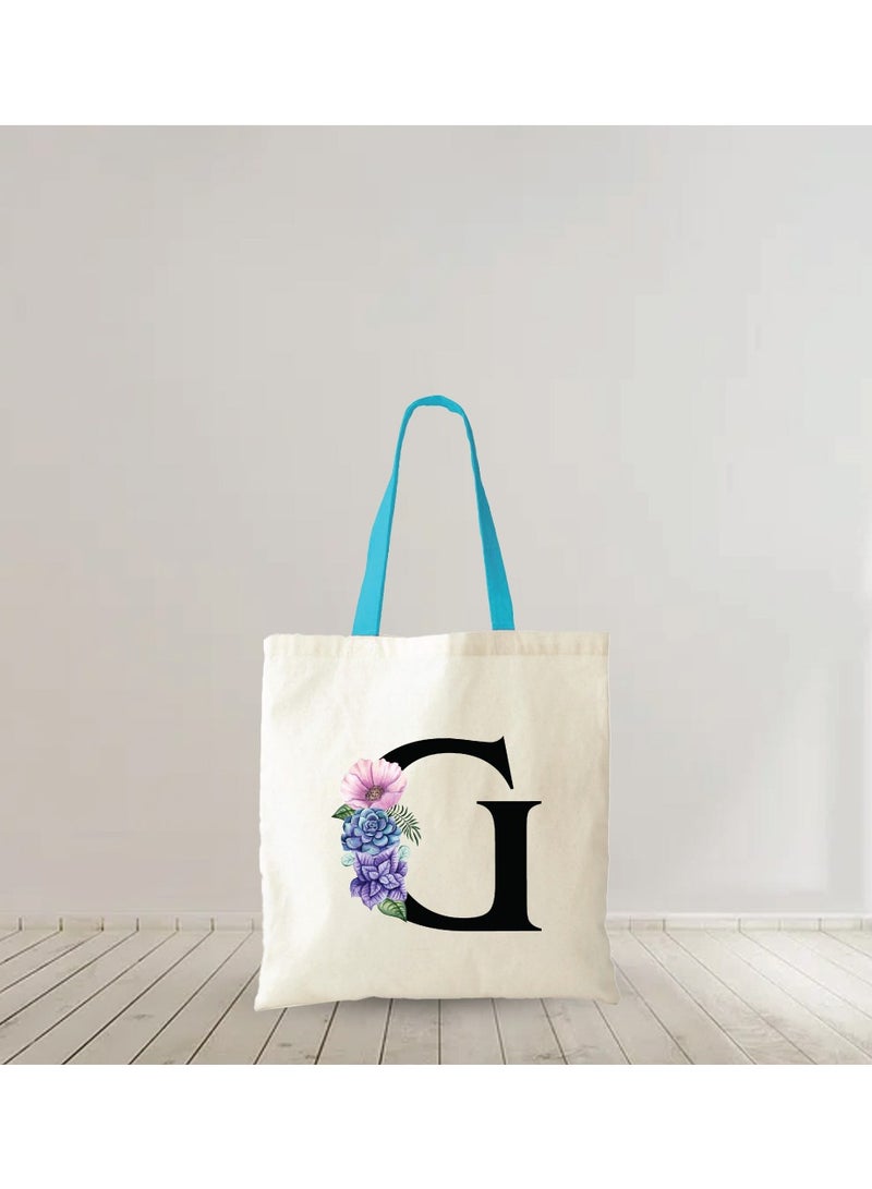 برينت شوب فور مي حقيبة حمل قطنية من القماش بأحرف أولية بمقبض أزرق-هدايا مثالية لوصيفات العروس-حقيبة الحفلات-حقائب قابلة لإعادة الاستخدام - Image 4