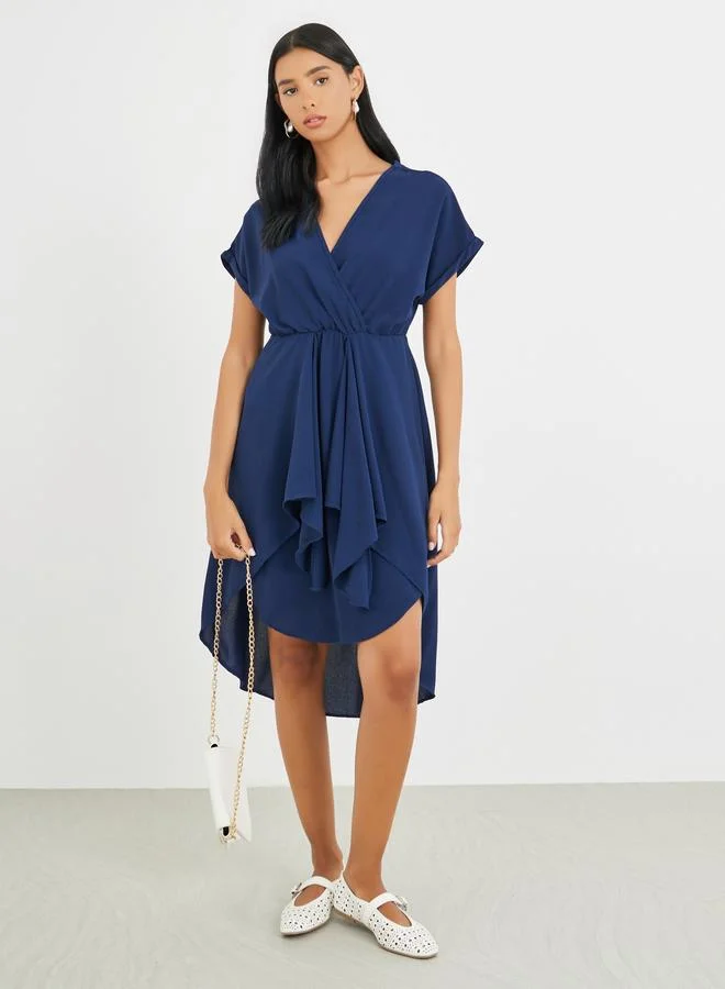 Take Two Take Two Solid Short Sleeve Asymmetric Hem Knee Length Dress