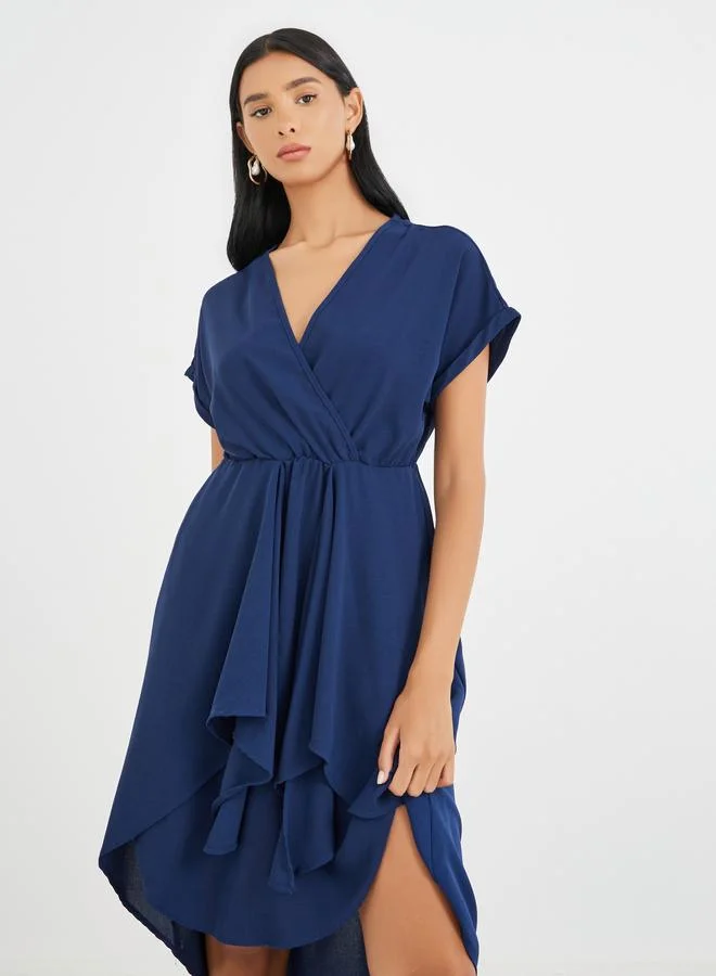 Take Two Take Two Solid Short Sleeve Asymmetric Hem Knee Length Dress