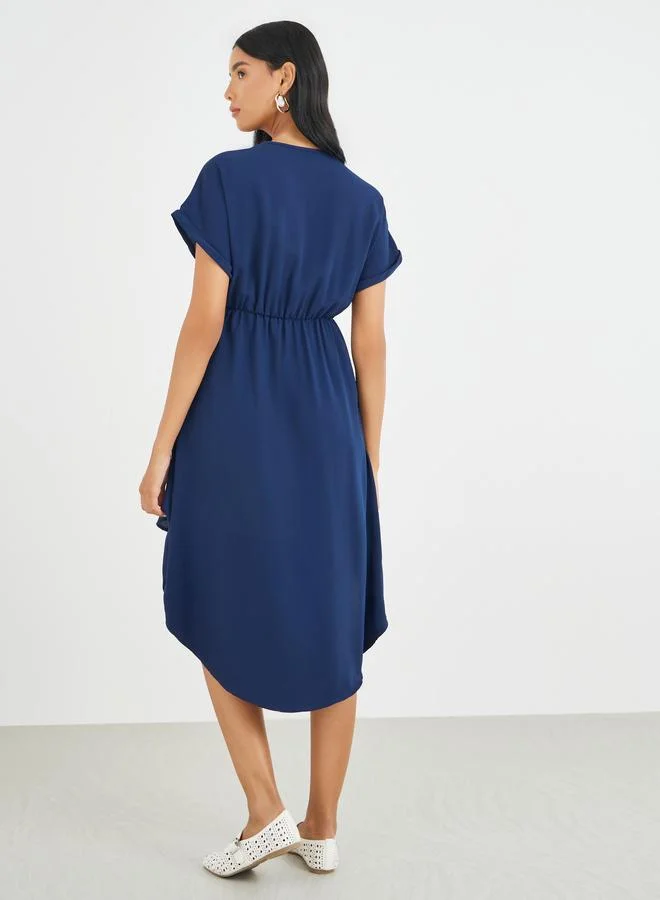Take Two Take Two Solid Short Sleeve Asymmetric Hem Knee Length Dress
