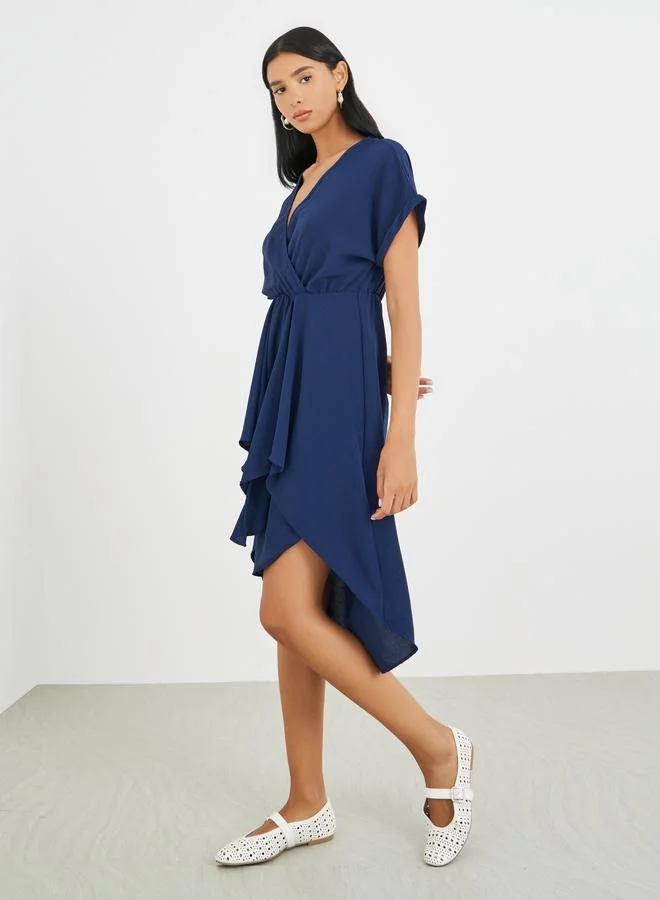 Take Two Take Two Solid Short Sleeve Asymmetric Hem Knee Length Dress
