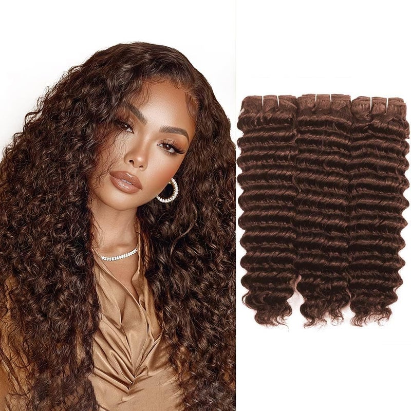 ALLRUN Deep Wave Brown Human Hair Bundles Curly Bundles Human Hair Chocolate Brown Bundles For Braiding Brazilian Human Hair Curly Wave Extensions 4# Color 182022 Inch - Image 1