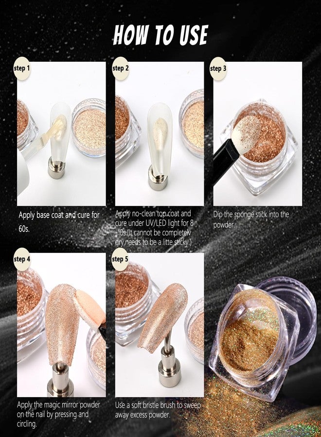 MKNZOME 12 Jars Holographic Nail Powder, Chrome Nail Powder Kit Black Blue Ultra Fine Glitter Powder Set, Rainbow Neon Pigment Manicure Glitter Dust with 12 Pcs Dual Sides Sponge Applicators - Image 4