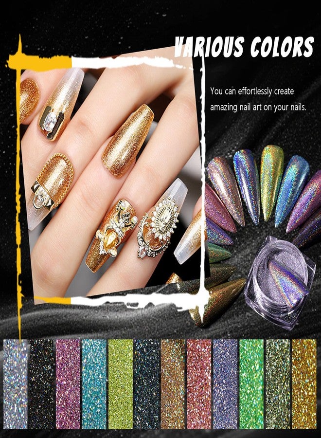 MKNZOME 12 Jars Holographic Nail Powder, Chrome Nail Powder Kit Black Blue Ultra Fine Glitter Powder Set, Rainbow Neon Pigment Manicure Glitter Dust with 12 Pcs Dual Sides Sponge Applicators - Image 5