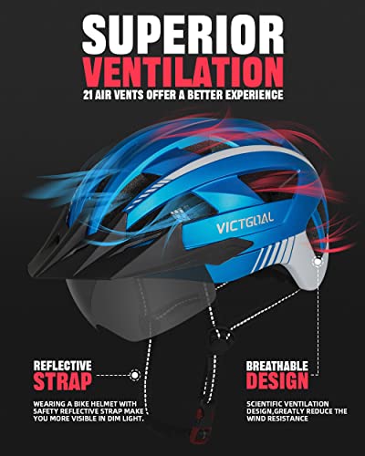 VICTGOAL Bike Helmet with USB Rechargeable Rear Light Detachable Magnetic Goggles Removable Sun Visor Mountain & Road Bicycle Helmets for Men Women Adult Cycling Helmets (L: 57-61 cm, Metal Blue) - Image 3