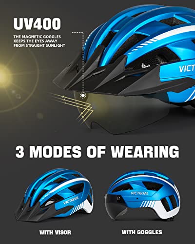 VICTGOAL Bike Helmet with USB Rechargeable Rear Light Detachable Magnetic Goggles Removable Sun Visor Mountain & Road Bicycle Helmets for Men Women Adult Cycling Helmets (L: 57-61 cm, Metal Blue) - Image 2