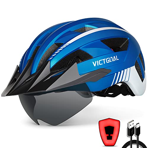 VICTGOAL Bike Helmet with USB Rechargeable Rear Light Detachable Magnetic Goggles Removable Sun Visor Mountain & Road Bicycle Helmets for Men Women Adult Cycling Helmets (L: 57-61 cm, Metal Blue) - Image 1
