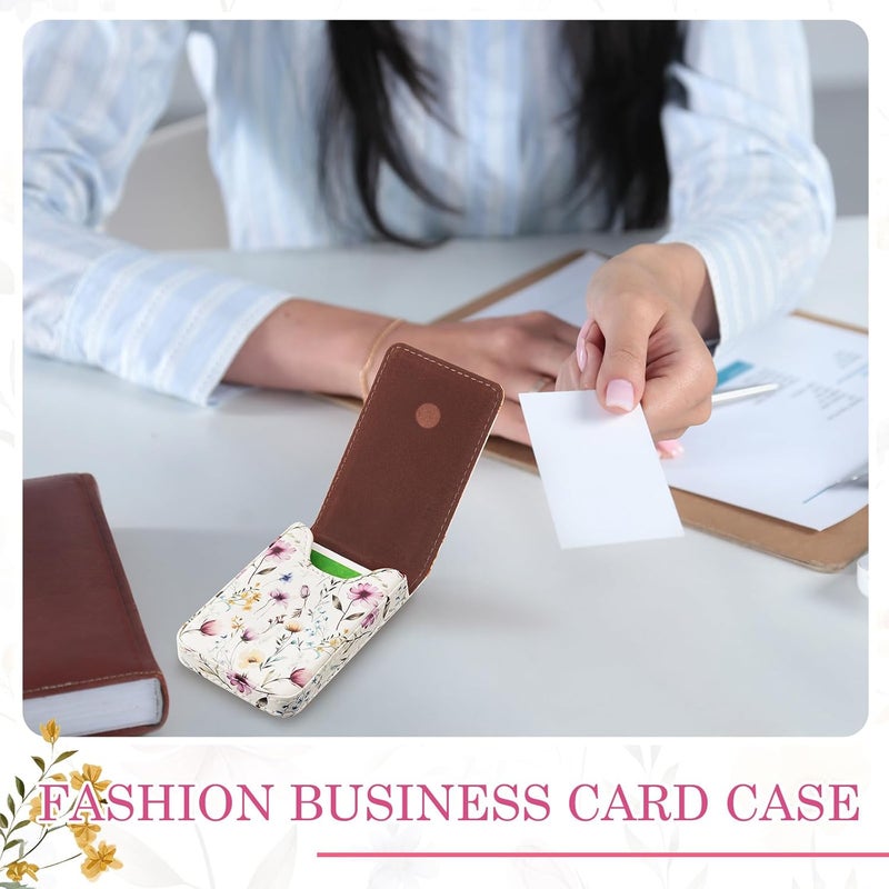 Outus 2 Pieces Business Card Holder, PU Leather Business Card Case Pocket Wallet with Magnetic Shut for Valentines Gift Men Women(Pink and White,Floral) - Image 4