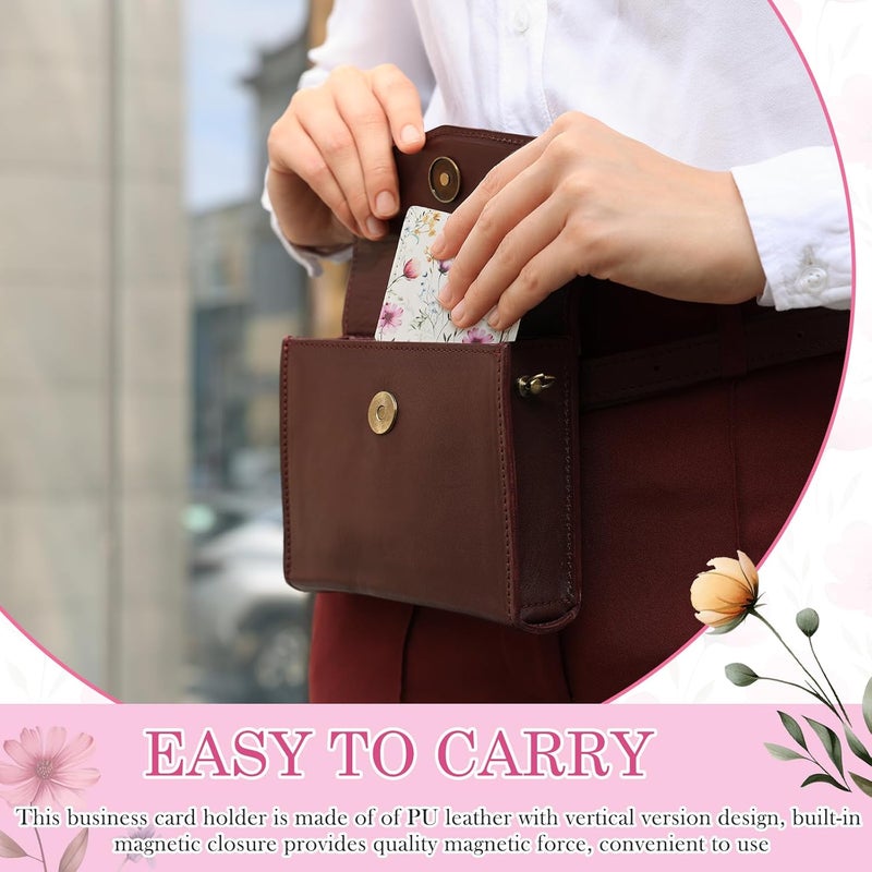 Outus 2 Pieces Business Card Holder, PU Leather Business Card Case Pocket Wallet with Magnetic Shut for Valentines Gift Men Women(Pink and White,Floral) - Image 5