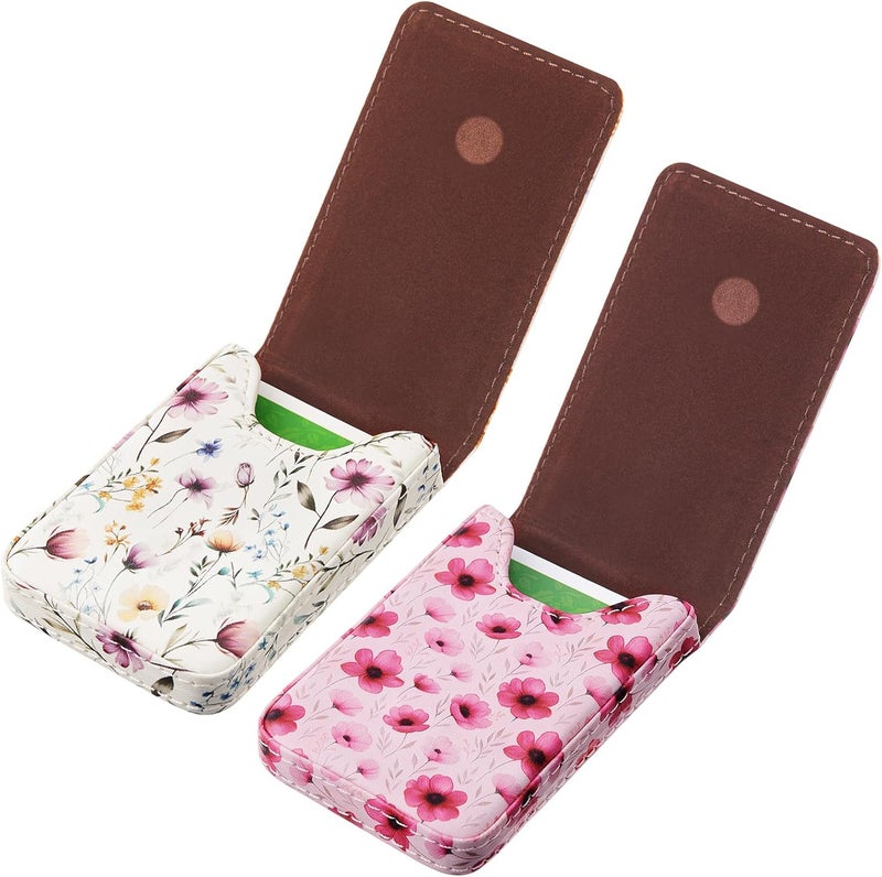 Outus 2 Pieces Business Card Holder, PU Leather Business Card Case Pocket Wallet with Magnetic Shut for Valentines Gift Men Women(Pink and White,Floral) - Image 1