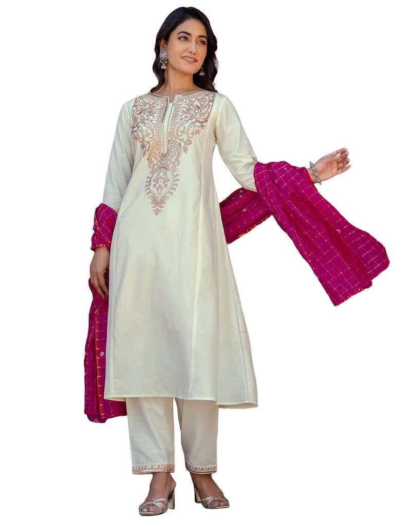 SIRIL Women's Cotton Sequence Embroidery Anarkali Kurta with Pant & Dupatta, Kurta Sets for Woman (246KBD2595-S-Off White) - Image 1