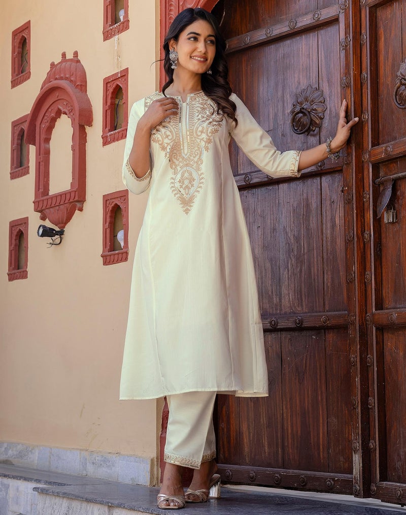 SIRIL Women's Cotton Sequence Embroidery Anarkali Kurta with Pant & Dupatta, Kurta Sets for Woman (246KBD2595-S-Off White) - Image 4