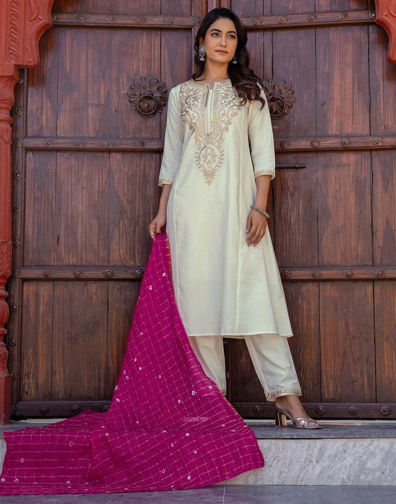 SIRIL Women's Cotton Sequence Embroidery Anarkali Kurta with Pant & Dupatta, Kurta Sets for Woman (246KBD2595-S-Off White) - Image 5