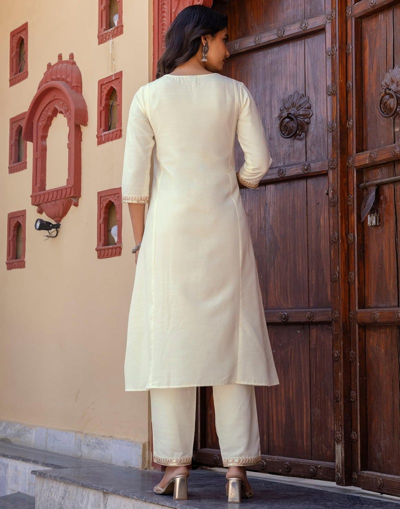 SIRIL Women's Cotton Sequence Embroidery Anarkali Kurta with Pant & Dupatta, Kurta Sets for Woman (246KBD2595-S-Off White) - Image 3
