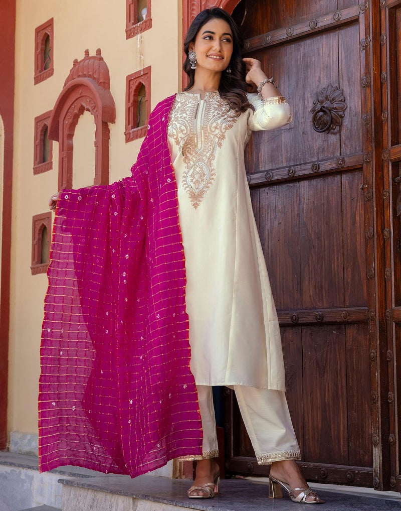 SIRIL Women's Cotton Sequence Embroidery Anarkali Kurta with Pant & Dupatta, Kurta Sets for Woman (246KBD2595-S-Off White) - Image 2
