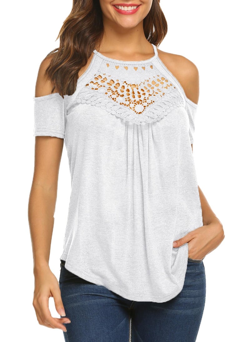 Bluetime Cold Shoulder Shirts for Women Short Sleeve Summer Cut Out Sexy Going Out Tops Blouse White L - Image 2