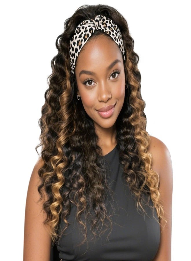 BECUS 18'' Headband Wig for Black Women Deep Wave Curly Wigs Synthetic Glueless Half Wig Natural Hairline Headband Wigs Easy Wear for Daily Use Halloween Party Brown with Highlight Blonde - Image 1