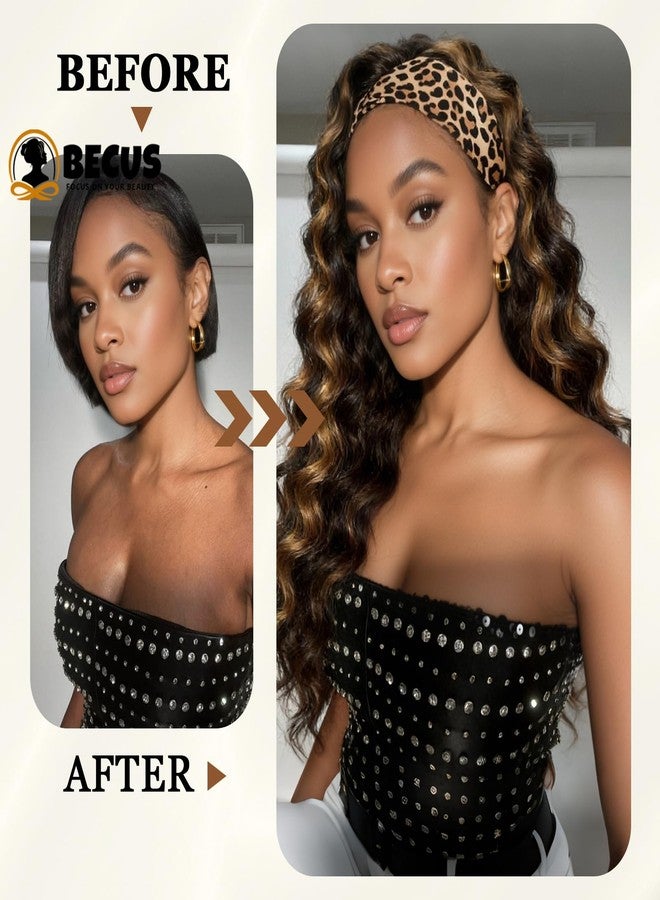 BECUS 18'' Headband Wig for Black Women Deep Wave Curly Wigs Synthetic Glueless Half Wig Natural Hairline Headband Wigs Easy Wear for Daily Use Halloween Party Brown with Highlight Blonde - Image 2