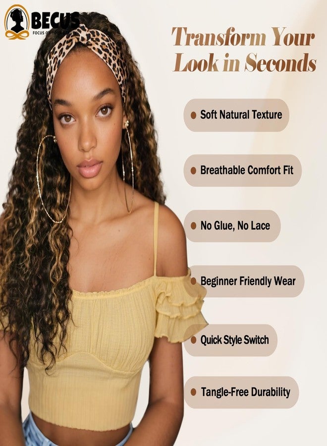 BECUS 18'' Headband Wig for Black Women Deep Wave Curly Wigs Synthetic Glueless Half Wig Natural Hairline Headband Wigs Easy Wear for Daily Use Halloween Party Brown with Highlight Blonde - Image 4