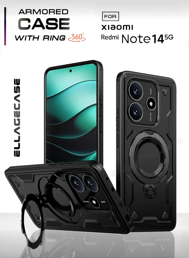 ELLAGECASE حافظة واقية مع حلقة لهاتف Xiaomi Redmi Note 14 5G، حماية قوية من السقوط، إمكانية الوقوف أفقيًا ورأسيًا، حماية كاميرا متينة، دعم متوازن، وتوافق مثالي مع الملحقات المغناطيسية - Image 1