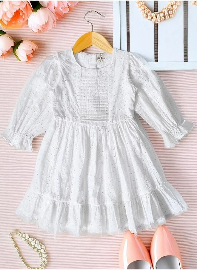 بيلا مودا Bella Moda Solid Schiffli Pintuck Detail Dress with 3/4 Sleeves