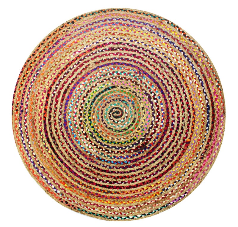 COTTON CRAFT Jute Cotton Chindi Braid Rag Rug - Boho Farmhouse Rustic - Handwoven Reversible Natural Jute and Recycled Cotton Throw Area Rug Carpet - Home DÃ©cor - 3 Feet Round Multi Color - Image 1
