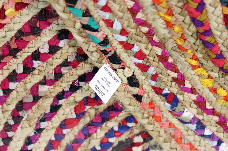 COTTON CRAFT Jute Cotton Chindi Braid Rag Rug - Boho Farmhouse Rustic - Handwoven Reversible Natural Jute and Recycled Cotton Throw Area Rug Carpet - Home DÃ©cor - 3 Feet Round Multi Color - Image 3